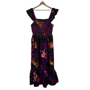 Live 4 Truth Smocked Floral Ruffle Midi Dress Black Purple Tropical Plus Size 3X